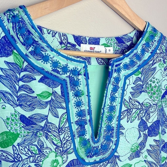 Vineyard Vines Cordia Floral Dress Blue Green Embroidered Size 10 Cotton Linen - Picture 3 of 16